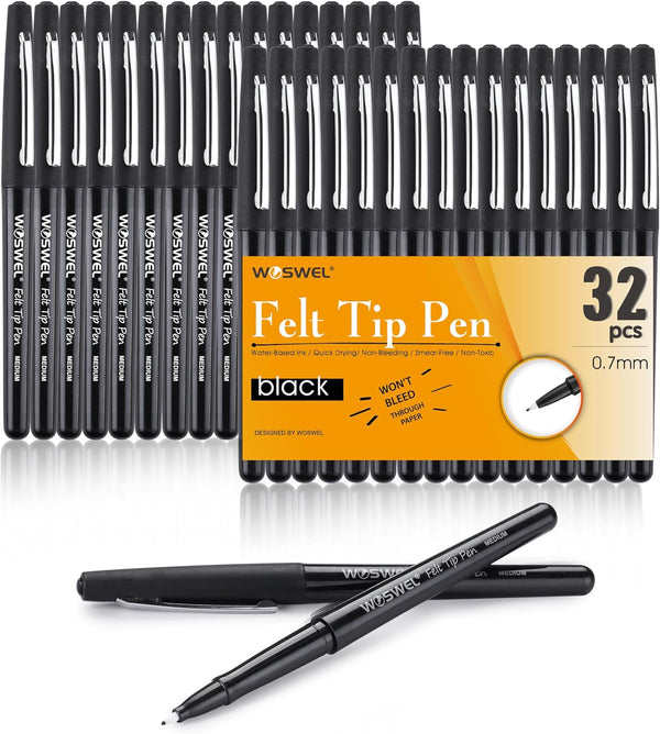 Black Felt Tip Pens, 32 Black Pens, 0.7mm Medium Point, Felt Tip Markers for Journaling, Note Taking, Art Supplies