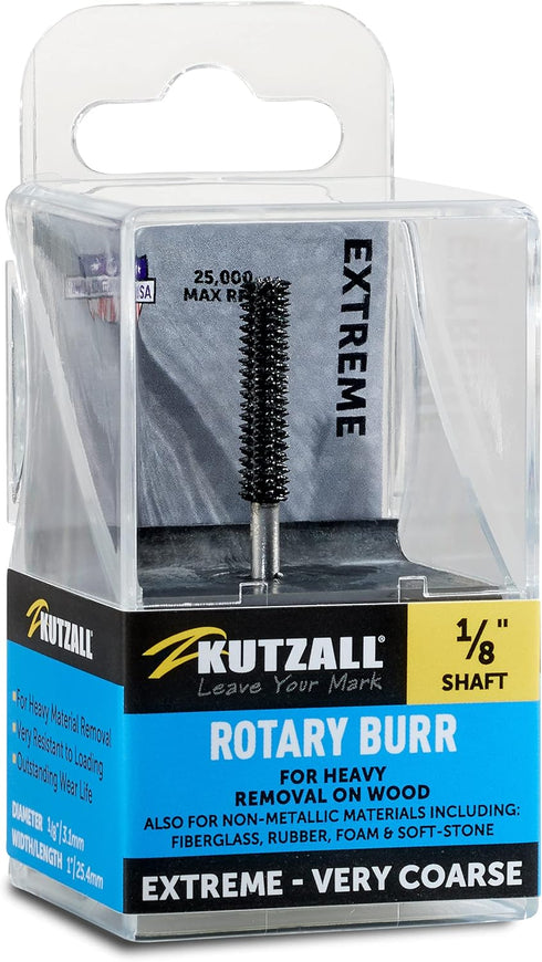Kutzall Extreme Cylinder Burr, 1/8" Shaft Very Coarse Woodworking Attachment for Dremel, DeWalt
