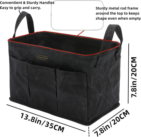 Storage Tool Case, 13.8 x 7.8 x 7.8 Inches, Rectangular Waxed Canvas Fabric Collapsible Tool Bag with Handles for Tools,Wrench Set,Screwdrivers (Black) by Denifiter