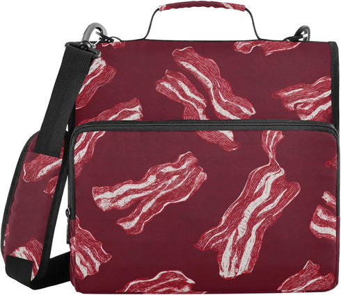 Fisyme Red Bacons Retro Zipper Binder 3 Ring with Zipper and Shoulder Strap