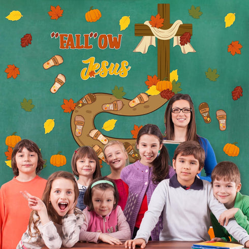 BeYumi 70Pcs Christian Bulletin Board Set - Fall Leaves, Pumpkin, Cross Cutouts for Sunday School Decor