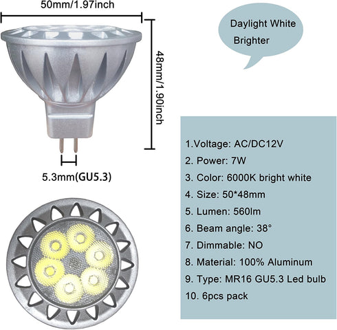 ALIDE MR16 LED Bulbs, GU5.3 7W, 6000K Daylight, 50W-75W Halogen Equivalent, 12V Spotlight, 6 Pack.