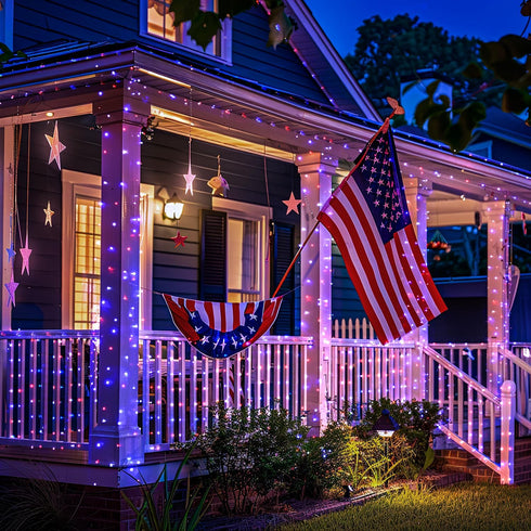 2 Pack 100 33FT 4th JMEXSUSS Red White and Blue Solar Lights, Each LED Solar Fairy Lights Outdoor Waterproof, of July