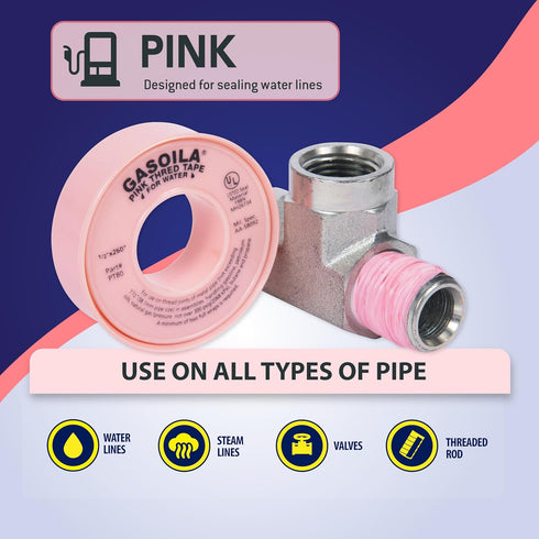 Gasoila Pink PTFE Thread Seal Tape, 1/2 Inch x 260 Inch Roll, Professional-Grade for Water Lines