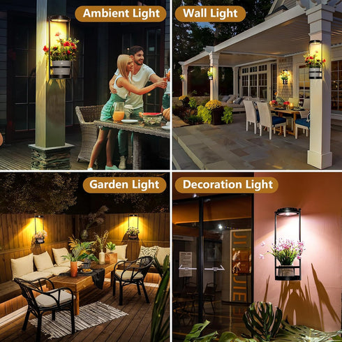 3 1pc) Solar Wall Light with Plant Stands, Wireless Outdoor Fence Light with color, Metal Hanging Plant Holder