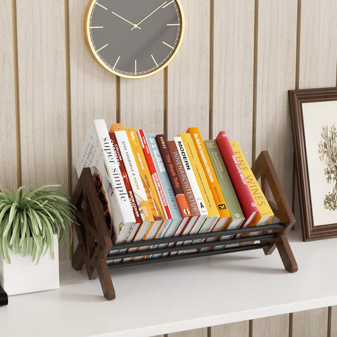 Desktop Bookshelf Organizer, Wood Office Tabletop Book Storage Rack, Tilting Bookcase for Books/CDs/Magazine Display