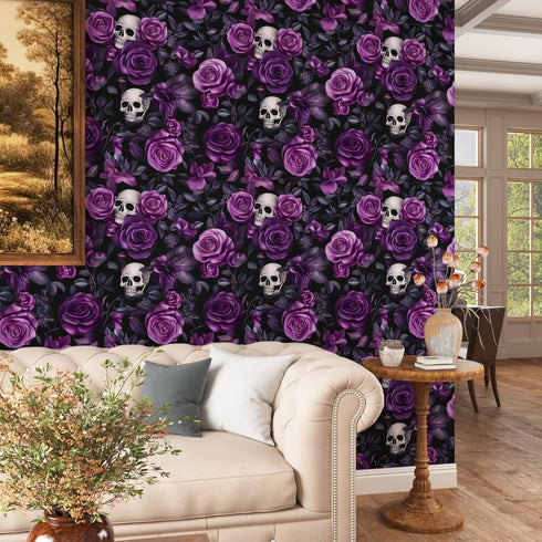 17.5" 393.7", Black Purple Wallpaper Peel and Stick, Dark Floral Skull Contact Paper x Vintage Rose Gothic Flowers Wall