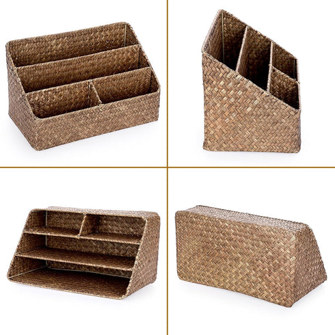 BTSKY Woven Storage Basket - Natural Seagrass Vertical Wicker Baskets with 4 Compartments, Home Office Sorter Rack