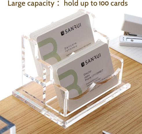 SANRUI Business Card Holder for Desk, Clear Acrylic Horizontal Business Card Display Stand with 2 Slots