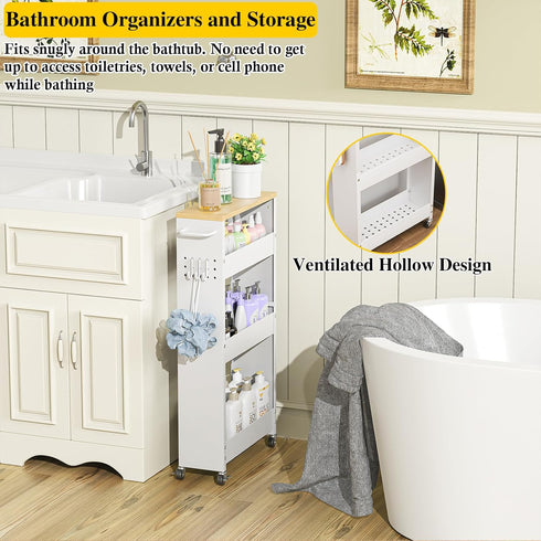 4-Tier OKZEST Utility Slim Storage Cart, Narrow Laundry Room Bathroom Organizers and Storage Cart, Metal Pantry Kitchen