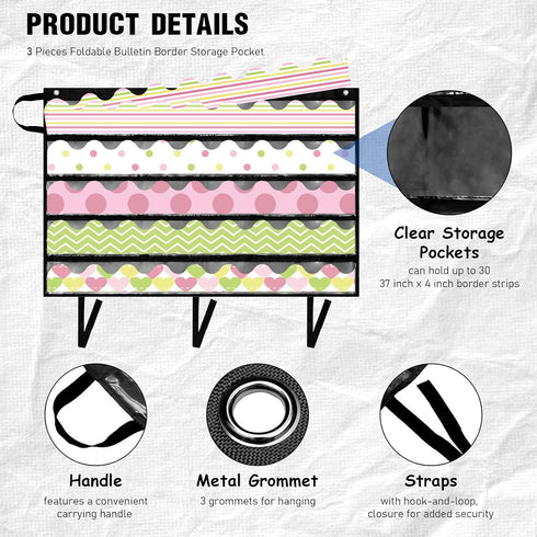 Crtiin 3 Pcs Foldable Bulletin Border Storage Pocket Chart, 41 x 24.5 Inch Classroom Organizer for Wall Borders