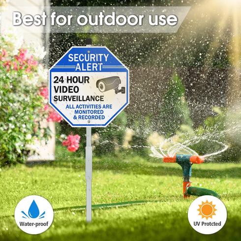 28" 10"x10" (2 PACK) GicnKeuz Video Surveillance Sign with Stake for Outside, Security Sign - Rust Free Heavy
