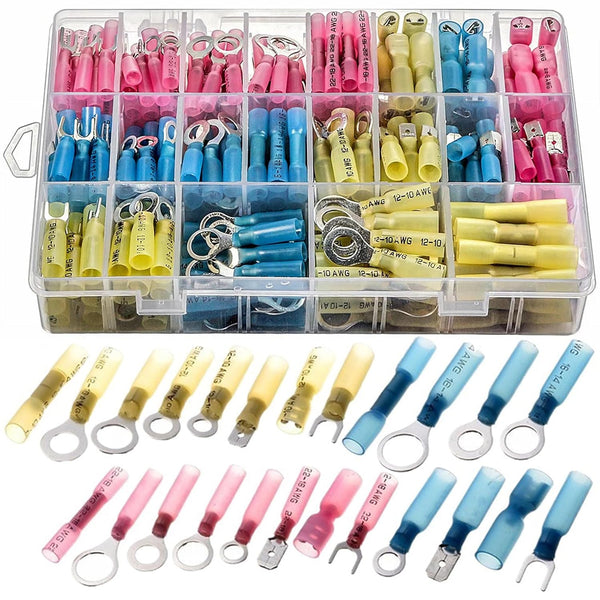 250pcs Heat Shrink Wire Connectors Kit, Marine Wire Connectors, 3 Colors Ring Fork Spade Butt Splice for AWG 22-10,