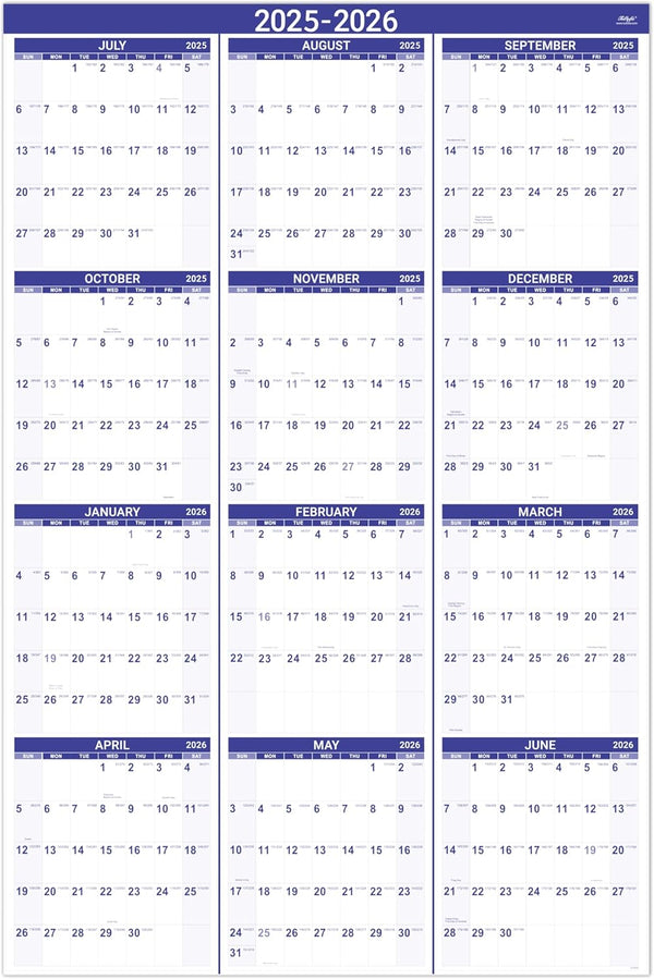 Yearly Wall Calendar 2025-2026 - JUL 2025 - JUN 2026, 12 Month Calendar with Bonus Pocket, X-Large Vertical (34.3" x