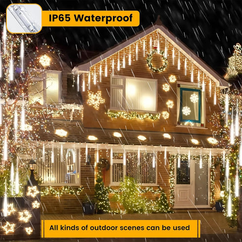 144LED 8 Meteor Shower Lights, White Holiday Outdoor Illumination with Tubes, Waterproof Hanging Display for Garden