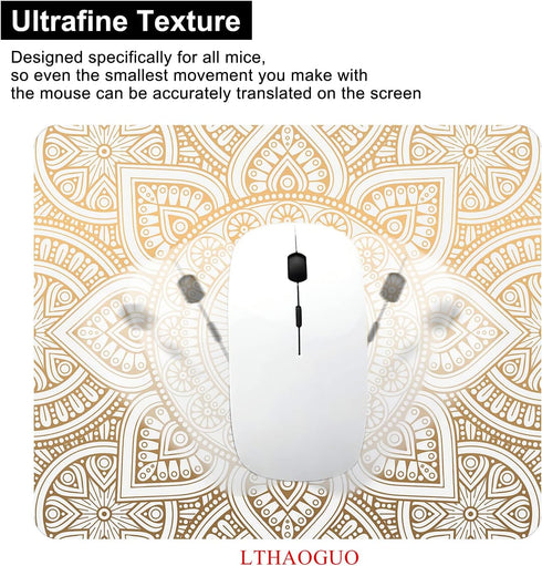 Mouse Pad, White & Gold Mandala Pattern Rectangular Non-Slip Rubber Mouse Mat for Office