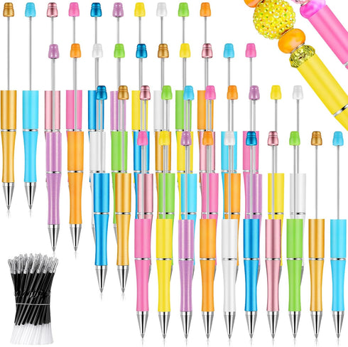 Crtiin 50 Pieces Beadable Pen Bulk, Black Ink Beaded Ballpoint Pens with 50 Refills for DIY Gift Kids Office Supplies