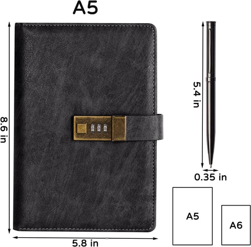 A5 240 8.6x5.8in WEMATE Diary with Lock, PU Leather Journal with Lock Pages, Vintage Locks Journal Password Notebook