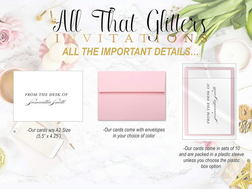 All That Glitters Invitations Set 10 Womens Personalized Stationary Folded Note Cards - Monogram Gift for Women