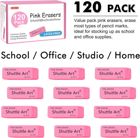 Shuttle Art 120 Pack Pink Erasers, Bulk Latex-Free Soft Erasers for School, Office, Kids, and Teachers Supplies