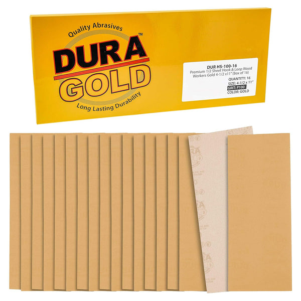 Dura-Gold Premium 1/2 Sheet Gold Sandpaper Sheets, 100 Grit (Box of 16) for Woodworking and Auto Paint