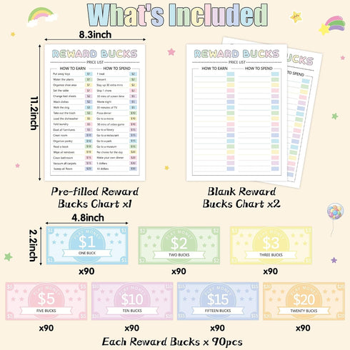 633pcs COcnny Kids Reward Bucks Charts, Good Behavior Reward System Bucks List, Prop Play Bucks Routine Chart