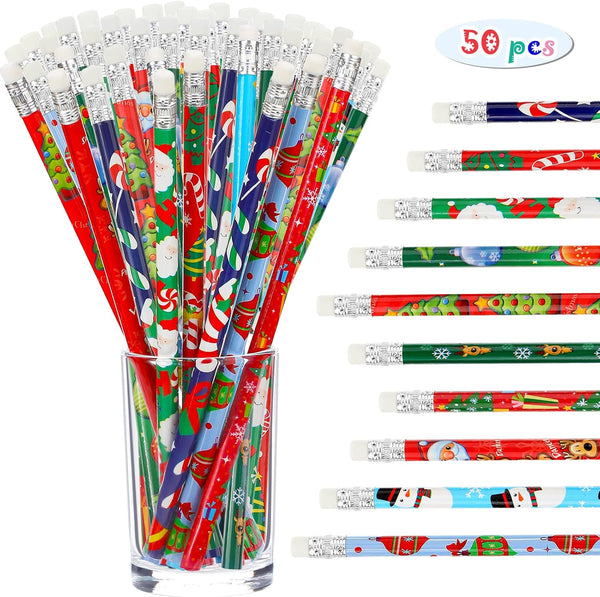 Outus 50 Pieces Christmas Holiday Wood Pencils with Eraser for Kids, 10 Styles, Xmas Classroom Party Favor Supply