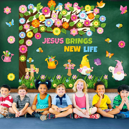 Zonon 114 Pcs Christian Spring Classroom Bulletin Board Decorations, Flower Tree Set for Sunday School Kids Office