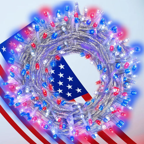 YAOZHOU 200LED 4th of July Decorations, Red White and Blue String Lights for Christmas, Independence Day, Bedroom,