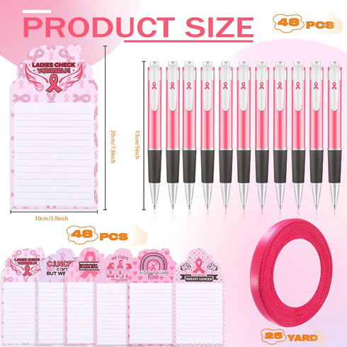 Fulmoon 48 Sets Breast Cancer Awareness Notepad, Ballpoint Pens, Cute Pink Ribbon Memo Pad