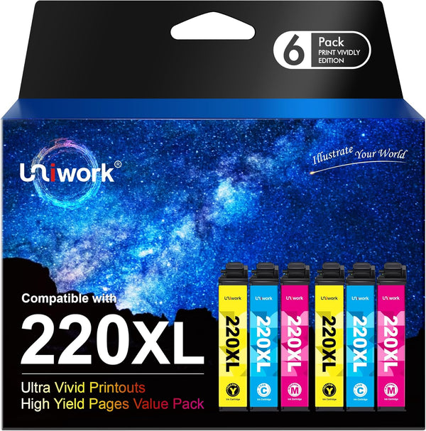 Uniwork Remanufactured 220XL Ink Cartridge Replacement (2 Pack: 2 Cyan, 2 Magenta, 2 Yellow) for Epson 220 XL 220XL