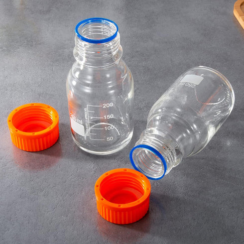250ml Round Media Storage Bottles Pack of 3, Borosilicate Glass with GL45 Screw Cap, Max Temp 249.8°F