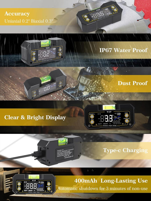 YIF Wireless Digital Angle Finder Tool, Dual Axis, Magnetic Angle Finder with Clear Display for Absolute Measurement