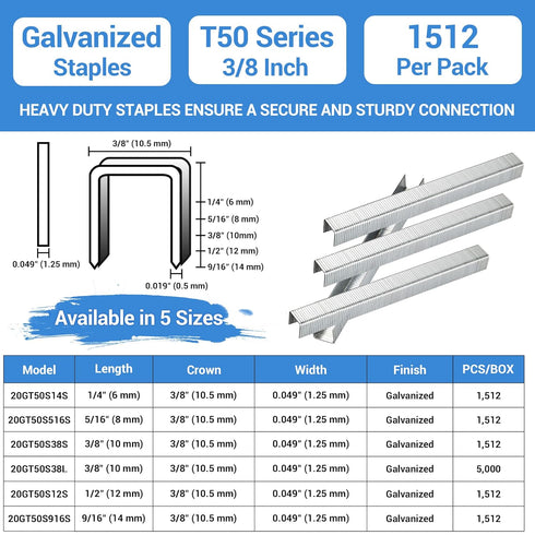 Meite T50 Heavy Duty Staples, 3/8 Inch 20 Gauge Galvanized Upholstery Staples for Staple Gun (1,512 Counts)