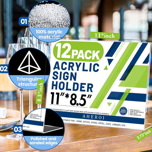 Aheroi 12Pcs 8.5 11, 8.5 11, Acrylic Sign Holder x Horizontal Clear Sign Holders x L-Shape Acrylic Paper Holder