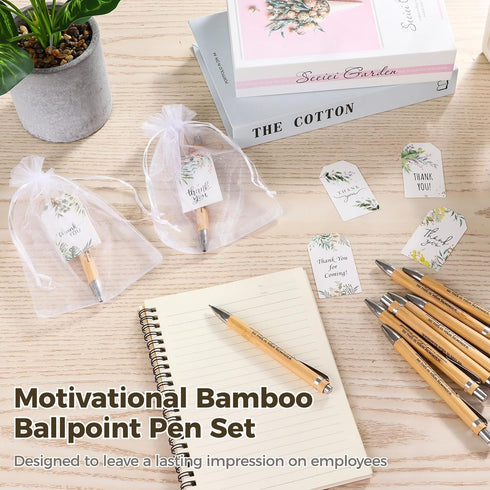 Tressify Set, 50 Employee Appreciation Ballpoint Green Plant-Themed Thank You Card & Organza Bag, Pcs Motivational