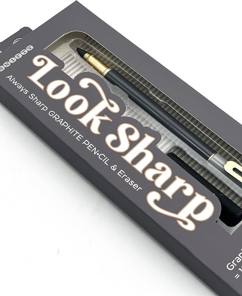 Look Sharp Always Sharp Pen•cil - Compressed Graphite Tip Equals 100 Pencils - Gray Metal Barrel + Cap + Eraser