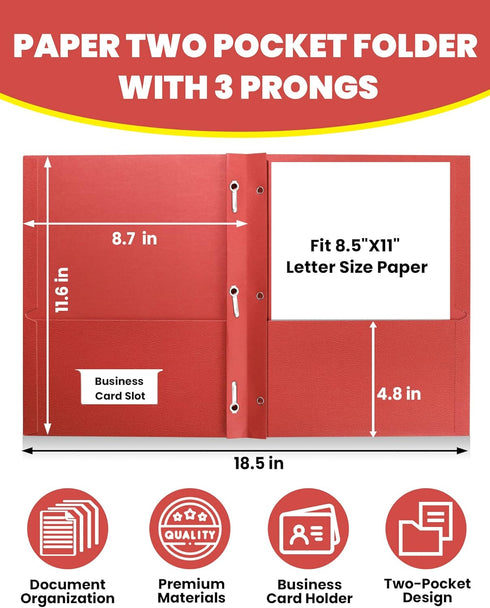 SUNEE 2 Pocket Folders with Prongs (100 Pack, Red), Paper Folders for School Office Home Business