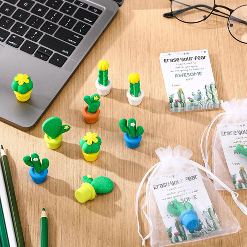 Spakon Christmas Erasers Gifts for Students, 50 Cactus Erasers, Plants Shaped, 25 Gift Cards, Organza Bags