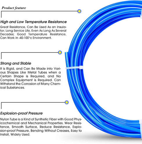 TAILONZ PNEUMATIC Air Line, 3/8 inch OD Blue Nylon Tube, 32.8ft Air Brake Tubing Hose