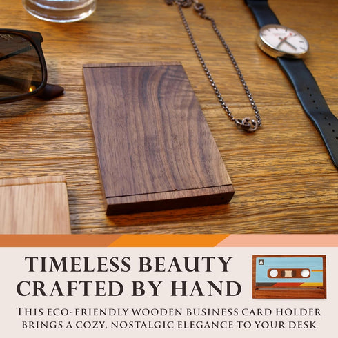 Cassette 1520 34 UNIC Retro Tape Business Card Holder Natural Walnut Wood Vintage Design, Holds Business Cards