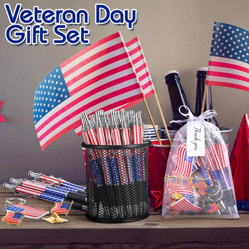 Qilery 150 Pcs Veterans Day Style American Flag Lapel Pins, Ballpoint Pen, Keychains, Thank You Card Gift Bag for 4th