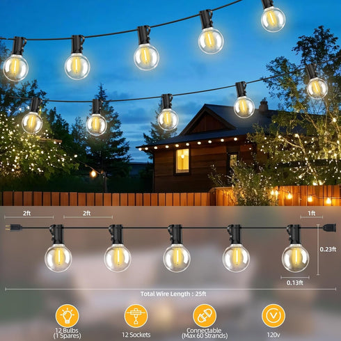 Hobbynors 25FT G40 12+1 Bulbs, E12 2700K Commercial LED Outdoor String Lights with Socket, Warm White, Grade