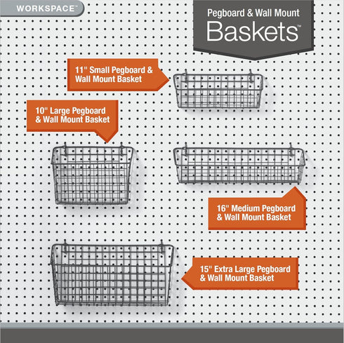 Spectrum (Pack 2) Pegboard & Wall Mount Wire Basket Small (Industrial Gray) - Storage & Organizer for Garage, Tools