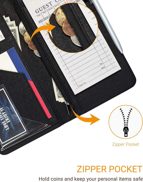 5 9 Mymazn X Server Book for Waitress with Magnetic Closure, Zipper Pocket and Pen Holder (Black)