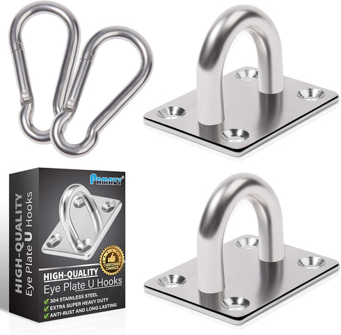 2PCS M8 Heavy Duty Square Stainless Steel Pad Eye Hook - Includes Snap Hooks and Screws for Ceiling Hook