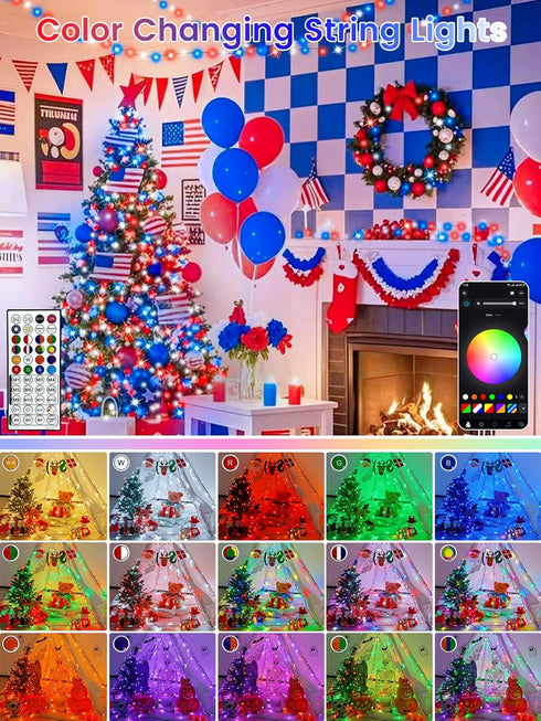 240LED 4th 95FT Smart of July String Lights App Controlled, Waterproof Red White and Blue Lights, Patriotic RGB Color