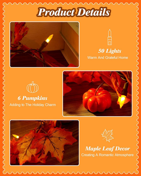 11FT 50 Bulbs VCOKEN Fall Garland With Lights - Connectable Maple Leaves With Pumpkin, Plug-in Decor for Outdoor Indoor