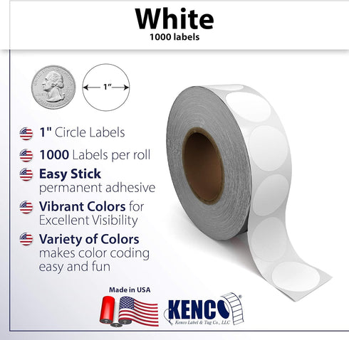Kenco Color Coding Circle Dot Sticker Labels on a Roll, White, 1 Inch, 1000 Stickers