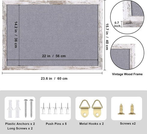 Gray Felt Cork Board Bulletin Board - Decorative Hanging Cork Boards with White Rustic Wood Frame